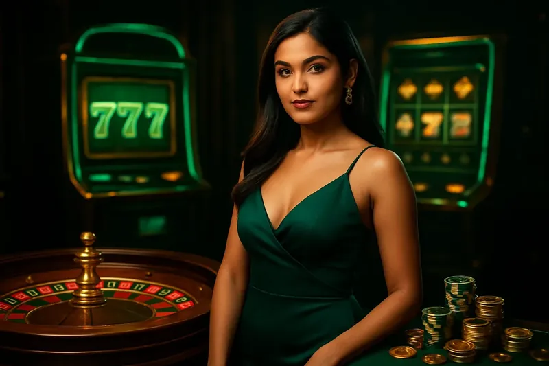 Elegant woman near roulette and slot machines in luxury casino
